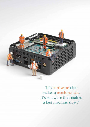 Tiny construction workers repairing a computer's internal components.