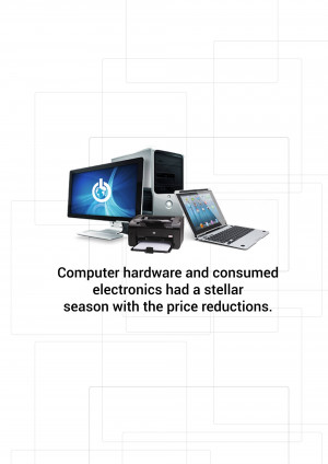 Desktop computer, laptop, and printer with promotional text