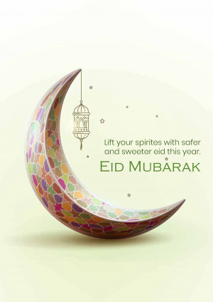 Colorful crescent moon and lantern with Eid Mubarak text