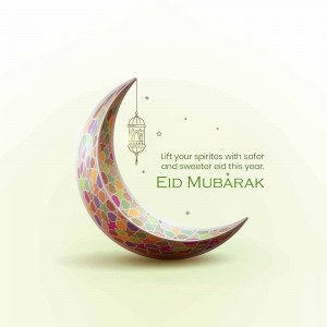 Eid Mubarak greeting with a crescent moon and lantern