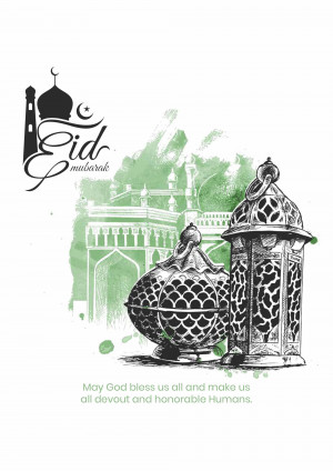 Eid Mubarak watercolor illustration with mosque and lantern