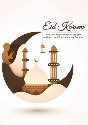 Eid Kareem illustration with crescent moon, mosque, and praying silhouette