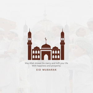 Eid Mubarak card with mosque silhouette and text