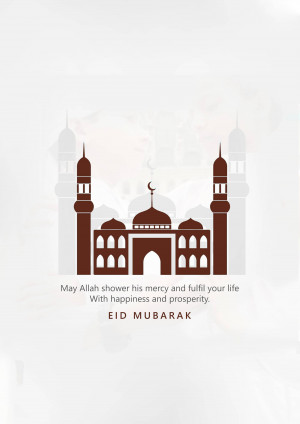 Eid Mubarak card with mosque illustration and Arabic calligraphy
