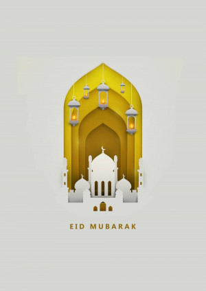 Paper cut style illustration of a mosque and lanterns with 'Eid Mubarak' text.