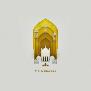 Paper cut style illustration of an Islamic archway with lanterns and the text 'Eid Mubarak'.