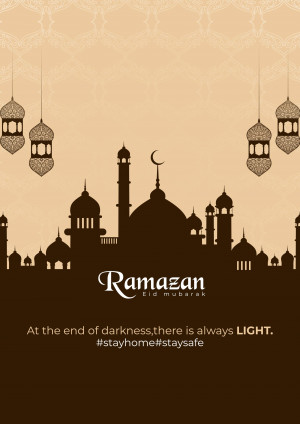 Ramadan greeting with mosque silhouette and lanterns
