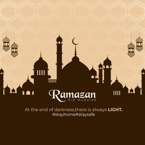 Ramadan Mubarak illustration with mosque silhouette and crescent moon