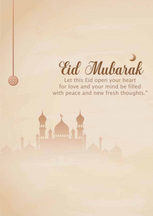 Eid Mubarak greeting with mosque silhouette and crescent moon