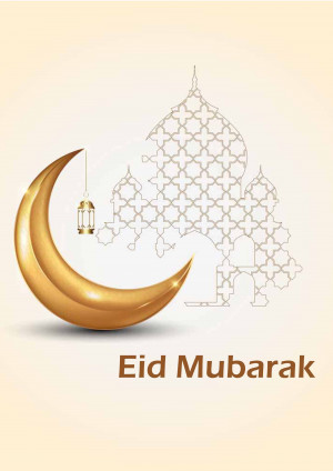 Eid Mubarak illustration with crescent moon and mosque