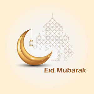 Golden crescent moon and lantern with Eid Mubarak text