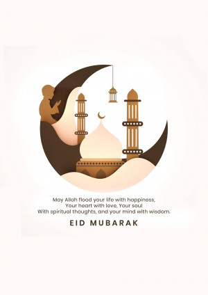 Eid Mubarak illustration with crescent moon, mosque, and lantern