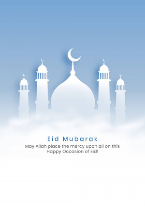 Eid Mubarak with mosque silhouette and crescent moon