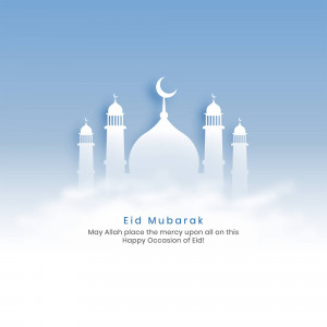 Eid Mubarak greeting with a mosque silhouette and crescent moon