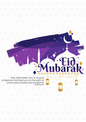 Eid Mubarak greeting with mosque, crescent moon, and lanterns