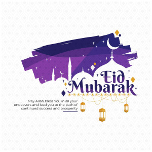 Eid Mubarak illustration with mosque, crescent moon, and lanterns
