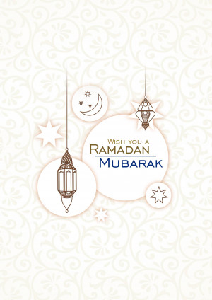 Ramadan Mubarak greeting card with lanterns and crescent moon