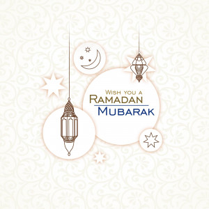 Ramadan Mubarak greeting card with lanterns and crescent moon