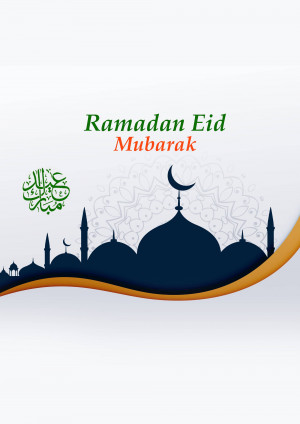 Ramadan Eid Mubarak greeting card with mosque silhouette and crescent moon