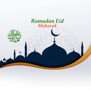 Ramadan Eid Mubarak greeting with mosque silhouette and crescent moon