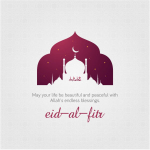Eid al-Fitr greeting card with mosque illustration and crescent moon