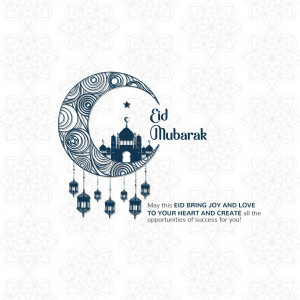 Eid Mubarak greeting with crescent moon, mosque, and lanterns