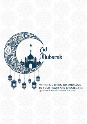Eid Mubarak greeting with crescent moon, mosque, and lanterns