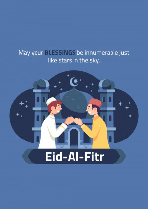 Eid-Al-Fitr illustration with two men shaking hands in front of a mosque.