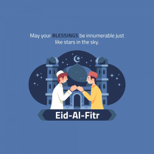 Eid-Al-Fitr illustration with two men shaking hands in front of a mosque.