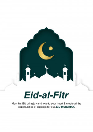 Eid-al-Fitr greeting card with crescent moon and mosque silhouette