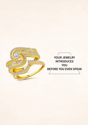 Close-up of a gold ring with a central diamond and smaller diamond accents