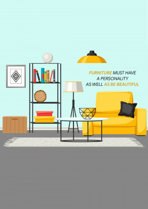 Illustration of a stylish living room with yellow sofa and black shelving unit.