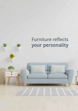 Light blue sofa in a minimalist living room with plants and a rug