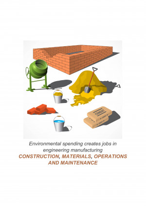 Illustration of construction materials like bricks, cement, and a cement mixer with text about job creation.