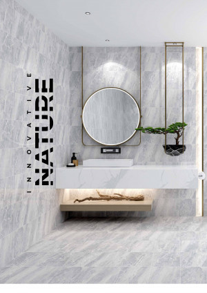 Luxurious bathroom with marble tiles, gold accents, and minimalist design