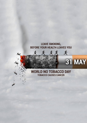Conceptual image depicting people running away from a crumbling cliff shaped like a cigarette, promoting World No Tobacco Day.