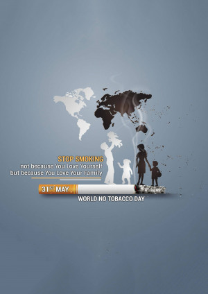 Illustration depicting the harmful effects of smoking on the world and families, promoting World No Tobacco Day.