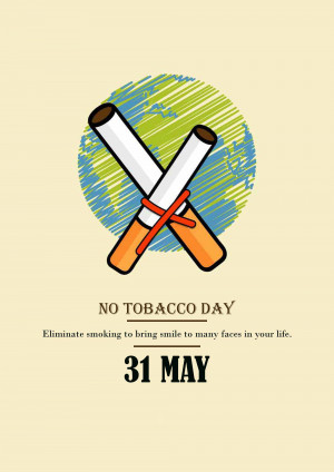 Illustration of crossed cigarettes over a globe with 'No Tobacco Day' text.