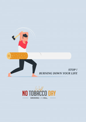 Illustration of a person smashing a giant cigarette with a hammer, promoting No Tobacco Day.