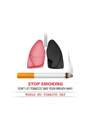 Illustration depicting the contrast between healthy pink lungs and blackened, damaged lungs due to smoking, with a cigarette and the message 'Stop Smoking'.