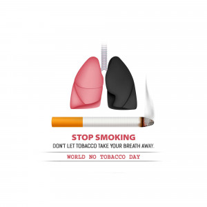 Illustration of healthy pink lung and a blackened, damaged lung with a cigarette, promoting World No Tobacco Day.