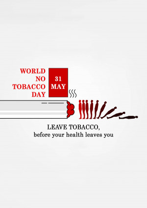 World No Tobacco Day awareness poster with a cigarette and silhouettes.