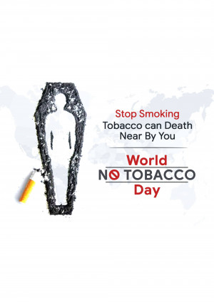 Image depicting a coffin outline made of cigarette ash with the message 'Stop Smoking, Tobacco can Death Near By You' and 'World No Tobacco Day'.