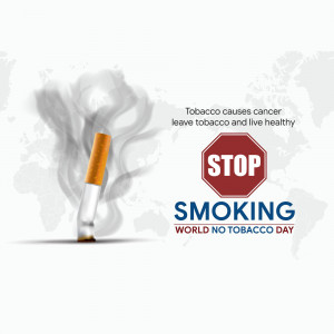 Image depicting a burning cigarette with a stop sign and the message 'World No Tobacco Day'
