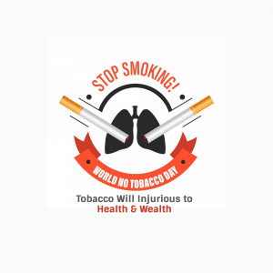 Illustration of cigarettes crossed over lungs with a 'Stop Smoking' message and 'World No Tobacco Day' banner.