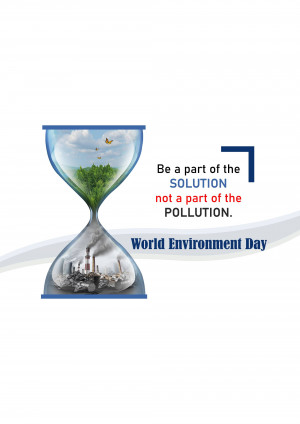 Hourglass depicting a healthy ecosystem above and pollution below, with text promoting environmental awareness.