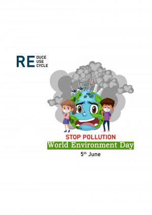 Illustration of a sad Earth surrounded by pollution with children wearing masks.