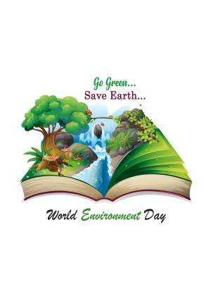 Illustration of an open book with a landscape depicting a tree, waterfall, and greenery, promoting environmental awareness.