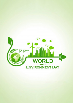 Illustration of a green cityscape with a globe and leaves for World Environment Day