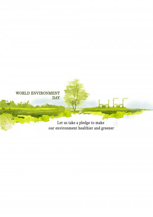 Watercolor illustration of a tree and landscape with 'World Environment Day' text.
